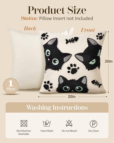 Embroidered Throw Pillow Cover 20x20 Inch - Spring Summer Boho Decorative Pillow Cover with Zipper for Living Room Couch Sofa Bed Aesthetic Design Cat Bone Cushion Pillowcase - color: Cat Bone, size: 20" x 20" (Pack of 1)