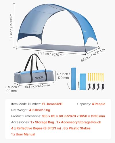 VEVOR Beach Tent Sun Shelter for 4 Person, UPF 50+, Portable Sun Shade Beach with Carrying Bag & Ground Stakes, Lightweight and Easy Setup Beach Umbrella for Camping Fishing Outdoor Picnic - size: 4 Person