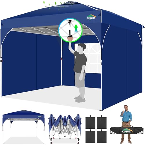 COBIZI Canopy Tent 10x10, 10x10 Pop Up Canopy for Party Camping, Party Tents with One Push Central Button Air Vent, Outdoor Gazebo Tent with Sidewalls and Reflective Strip(Dark Blue) - color: Dark Blue, size: 10x10ft with 3 sidewalls