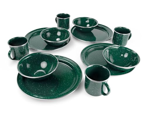 GSI Outdoors Pioneer Enamel 12 Pieces (4-Person) Dish Set I Enamelware Dishes Including Plates, Bowls and Mugs for Camping, Outdoors, RV, Camp, Green - color: Green
