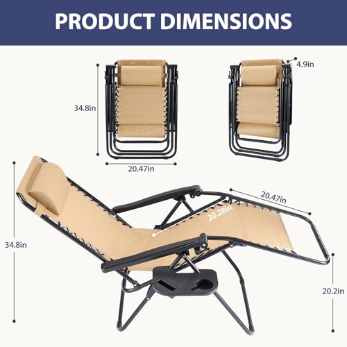 Sweetcrispy Zero Gravity Chairs, Set of 2 Portable Recliner Beach Camping Patio Outdoor Folding Lounge Chair with Cup Holder Trays and Adjustable Pillow for Poolside, Garden, Backyard, Lawn (Khaki) - color: Khaki