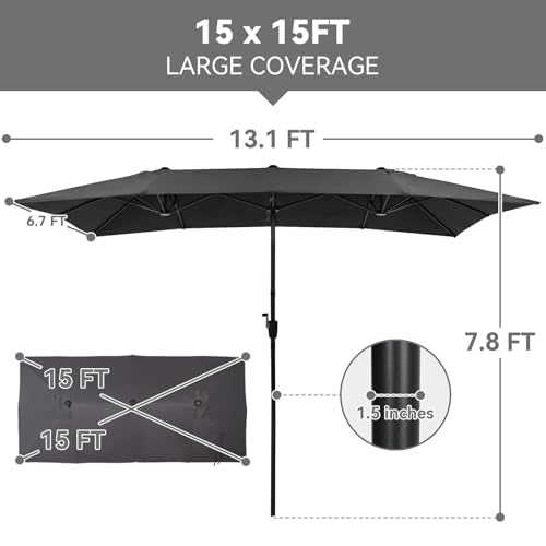 15×15ft Outdoor Patio Umbrella, Double Sided Market Rectangle Umbrella with Crank Handle, Large Sun Shade for Outside Deck, Backyard, Garden - color: Gray