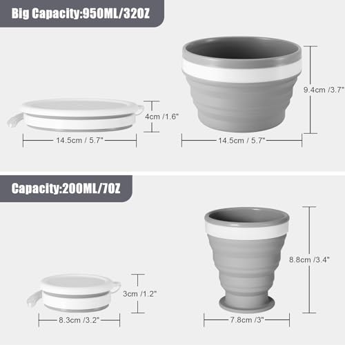 Odoland Camping Collapsible Silicone Cup and Bowl Set, Portable Mess Kit with Stainless Steel Spork and Lid for 1 Person Backpacking, Family Cookware, Hiking, Picnic, Travel