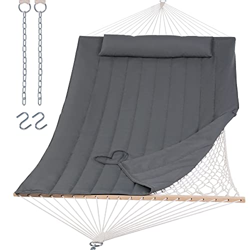 SUNCREAT Hammocks 2 Person Hammock with Hardwood Spreader Bar, Double Rope Hammock with Polyester Pad, Dark Gray - color: Dark Gray