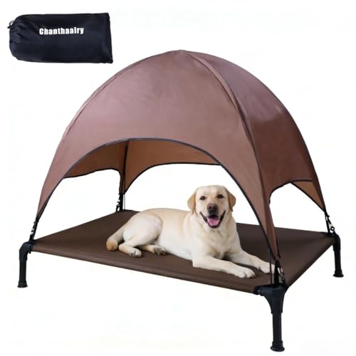 Outdoor Elevated Dog Cot, Portable Pet Bed with Removable Shade Water Resistant, Breathable Cooling Dog Camping Tent for Large Dogs Indoor Outdoor Backyard Camping Beach