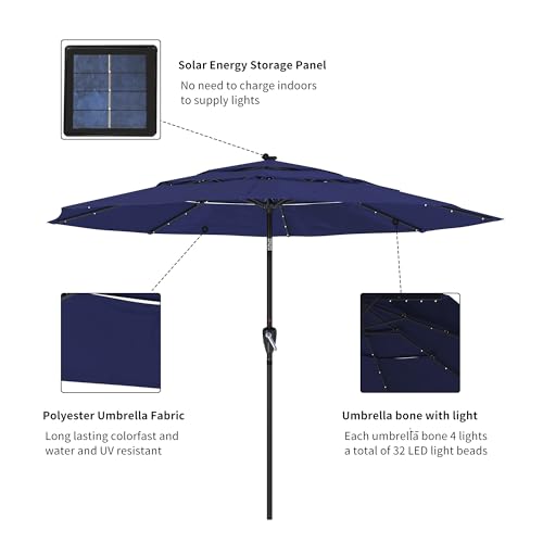Boyel Living 11ft Patio Umbrella with Solar LED lights Outdoor Umbrella with Tilt Outdoor Large Table Market Umbrella for Poolside Deck Garden Backyard - color: Navy Blue