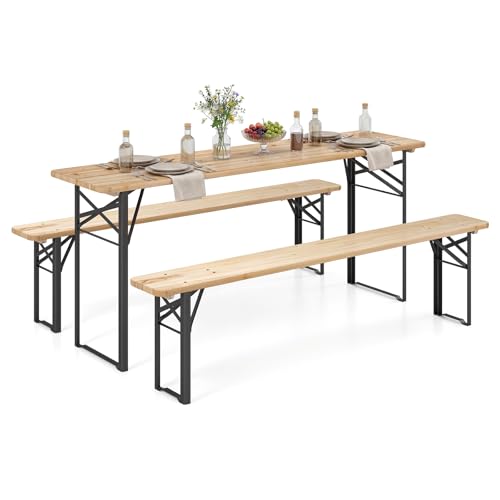 Giantex 3-Piece Folding Picnic Table with Benches Set, Solid Wood Camping Beer Table Bench Set with Metal Frame, Portable Patio Dining Furniture, Indoor & Outdoor Folding Table and Chairs for 4 (70'') - size: 70''
