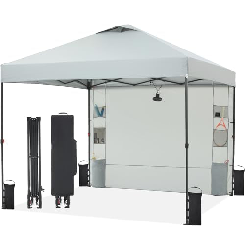 Tunbne 10'x10' Pop Up Canopy Tent with 1 Sidewall and 6 Pockets, One Push Setup, Instant Shade Tent with Vented Roof for Beach Patio Outdoor, Case, 8 Stakes, 4 Ropes, 4 Sandbags (Light Gray, 10x10) - color: Light Gray, size: 10x10