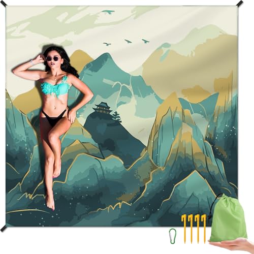 Beach Blanket Waterproof Sandproof Large Beach Mat 79" X 83" for 2-4 Adults Sand Free Mat Quick Drying,Lightweight & Durable with 4 Stakes & 4 Corner Pockets for Beach Travel Camping.(Mountain) - color: Mountain, size: 79" X 83"
