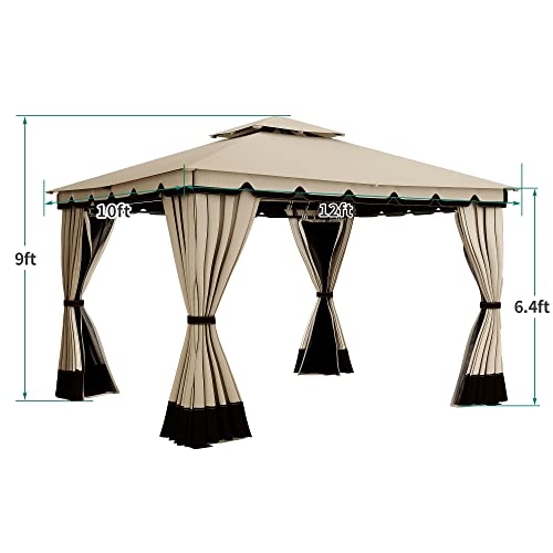 YITAHOME 10x12FT Patio Gazebo Event Shelters Outdoor Double Roof Canopy Gazebo w/Netting & Curtains, Soft Fabric Top Garden Winds Tent with Steel Frame Privacy Screens for Backyard, Garden, Lawn