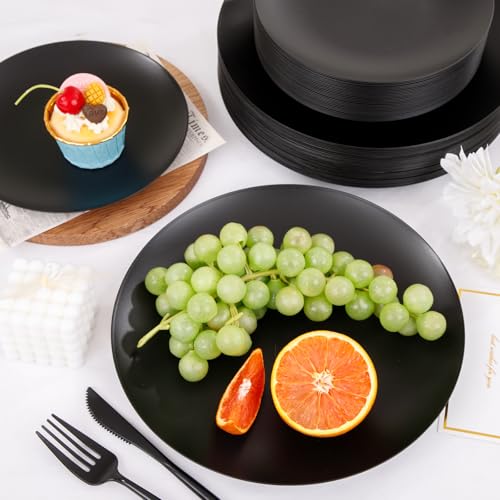 EI 150pcs Black Plastic Plates Frosted Plastic Plate,Premium Heavy Duty Black Plastic Plates,Black Disposable Plates with Plastic Silverware,10.25" Dinner Plates and 7.5" Dessert Plate Wedding Party - color: Black Frosted Plastic Plates