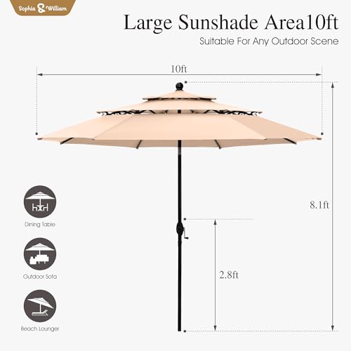 Sophia & William 10ft 3 Tier Auto-tilt Patio Umbrella,Wind Resistent,Outdoor Patio Umbrellas Double Vented Umbrella with Crank for Pool Garden Backyard, Beige - color: Beige