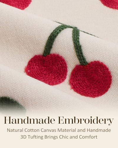 Embroidered Throw Pillow Cover 18x18 Inch - Spring Summer Boho Decorative Pillow Cover with Zipper for Living Room Couch Sofa Bed Aesthetic Design Little Cherry Cushion Pillowcase - color: Little Cherry, size: 18" x 18" (Pack of 1)