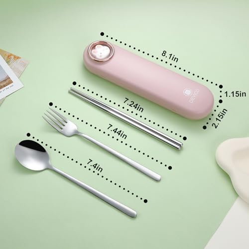 DEVICO Travel Utensils with Case Cute, Reusable Silverware for Lunch, Portable Cutlery Set, 18/8 Stainless Steel Fork Spoon Chopsticks in Cartoon Case, Dishwasher Safe (Pink) - color: Pink