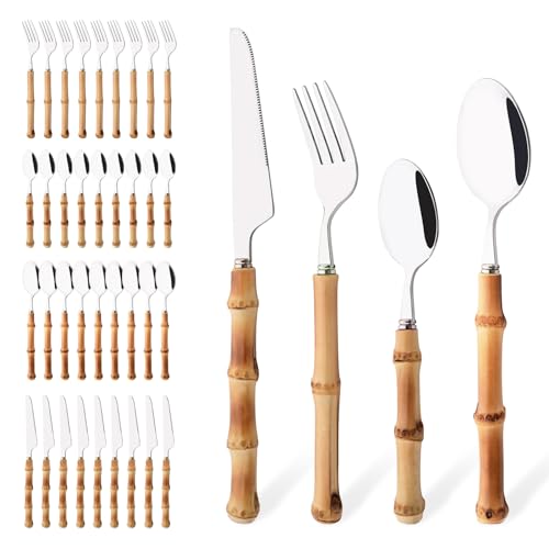 40PCS Silverware Set for 10, Bamboo Handle Flatware Set, Stainless Steel Cutlery Set for Home Restaurant and Party, Bamboo Forks Spoons and Knives Set, Polished Tableware - color: 40-Piece Service for 10