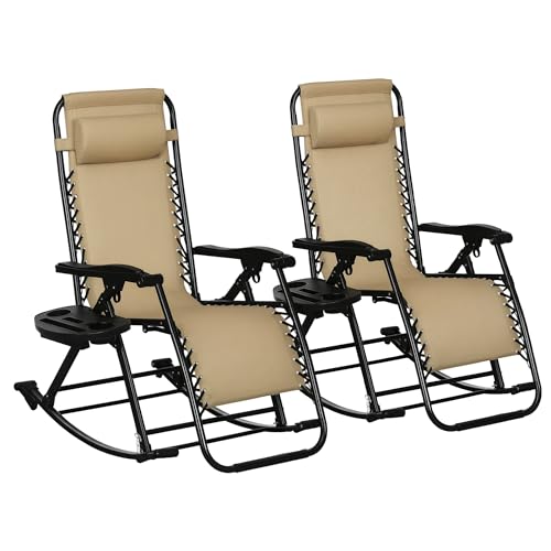 Outsunny Set of 2 Outdoor Rocking Chairs, Foldable Reclining Zero Gravity Lounge Rocker with Pillow, Cup & Phone Holder, Combo Design with Folding Legs, Beige - color: Beige, size: 2 Packs