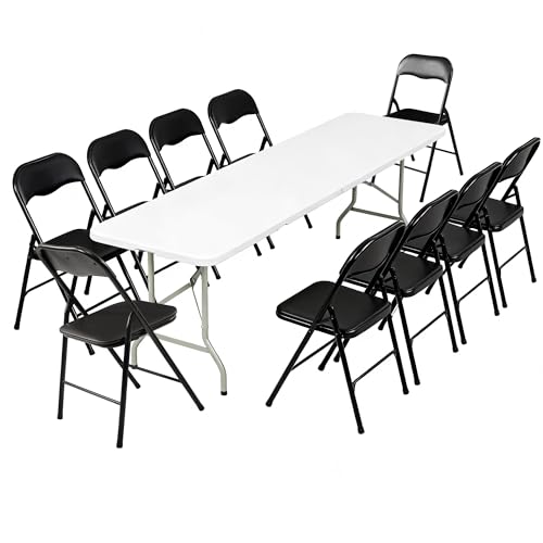Elevon Folding Table Set with 10 Black Folding Chairs,8 Feet Heavy Duty Fold-in-Half Utility Table Sets for Picnic, Event, Training, Outdoor Activities, at Home and Commercial Use - size: 8 feet, style: With 10 Black Chair