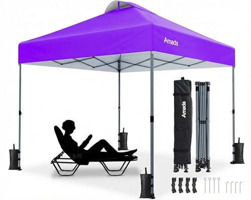 Amada 10x10 Pop Up Canopy Tent, 1-Button Push Easy-up Outdoor Canopy Beach Tent with 3-Height Adjustable Waterproof Shade Shelter, Wheeled STO-N-Go Bag 8 Stakes, 4 SandBags (Purple) - color: Purple, size: 10x10ft
