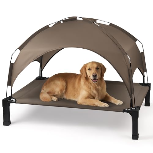 Heeyoo Elevated Dog Bed with Removable Canopy, Portable Dog Cot with Sun Protection Shade Tent, Raised Pet Cooling Cot Bed for Dogs, 51in - color: Brown, size: 51"L x 36"W x 9.5"H