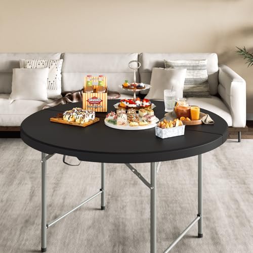 Magshion 48" Round Folding Table, 4 Feet Bi-Folding Plastic Commercial Dining Card Table w/Carrying Handle for Outdoor Wedding Party Event Picnic, Black - color: Black, size: 4Ft