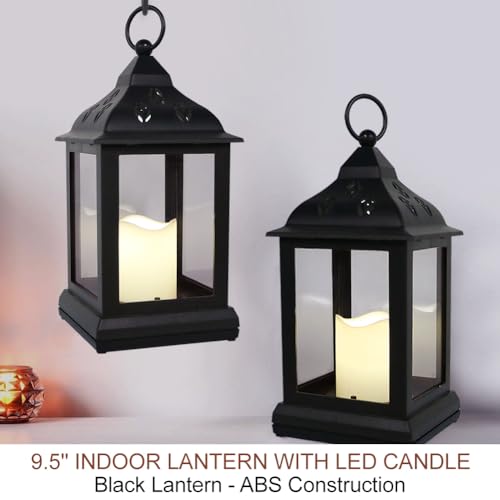 Bright Zeal 2-Pack 9.5" Vintage Decorative Candle Lantern with LED Flickering Flameless Candle (Black, 8hr Timer) - Indoor Hanging Lanterns Decorative Lanterns Battery Powered LED Candle Timer Candle - color: [2-pack] Textured Black - Abs Thermoplastic Co