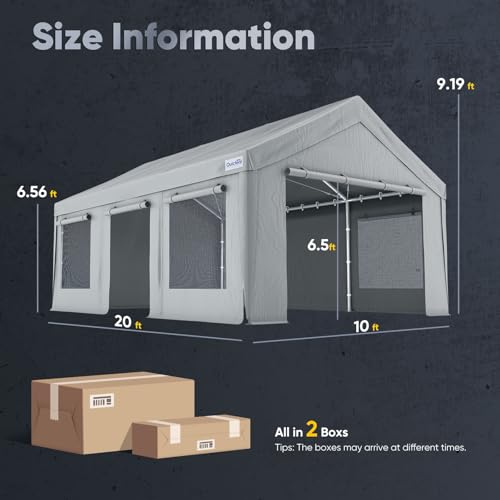 Quictent Heavy Duty 10x20 ft Carports with Side Zipper Doors & Snowproof Steel Cables & Ventilated Windows, Waterproof Storage Shelter for Car, Boat, RV, Outdoor Equipment, Gray - color: Gray, size: 10'x20'