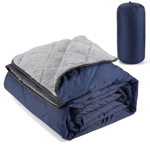 Aulock 55''W x 80''L Warm Outdoor Stadium Blanket Waterproof - Portable & Windproof Navy Blanket with Sherpa Fleece Lining for Camping Winter Cold Weather - color: Navy, size: 55'' W x 80''L