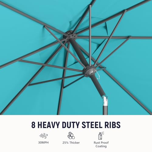 Outdoor Patio Umbrella with One Push Button Tilt and Crank, 8 Sturdy Ribs Market Table Umbrella - color: Turquoise-Steel Ribs, size: 9FT