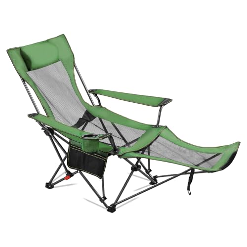 VEVOR 2-in-1 Reclining Camping Chair with Footrest for Adults, 4 Adjustable Positions, Portable Folding Lounger, Lightweight Mesh Beach Chair Supports 220lbs, Heavy Duty Camp Chairs Outdoor, Green - color: Green