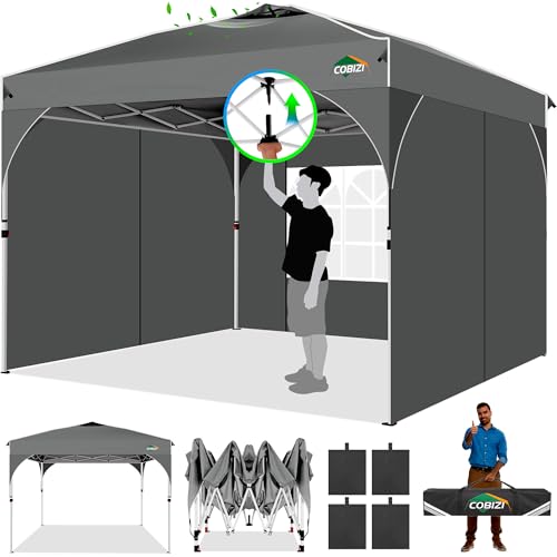 COBIZI Canopy Tent 10x10, Easy Up 10x10 Pop Up Canopy for Party Camping, Party Tents with One Push Central Button Air Vent, Outdoor Gazebo Tent with Sidewalls and Reflective Strip(Grey) - color: Gray, size: 10x10ft with 3 sidewalls