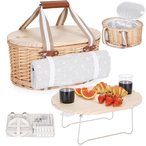 Picnic Basket Set for 2 - Wicker Insulated Picnic Basket with Waterproof Blanket, Folding Wine Picnic Table & Cutlery Kits, Picnic Baskets Kit for Camping, Outdoor, Valentine (White Flower) - color: Whiteflower, size: 2-person Set