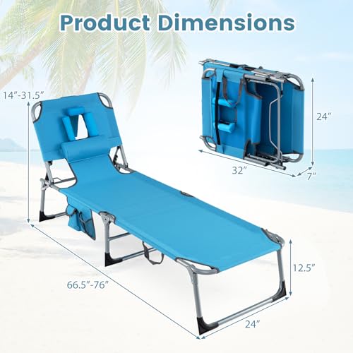 COSTWAY Tanning Chair with Face Hole, Folding Beach Lounge Chair with 4-Position Adjustable Backrest, Pillow & Side Pocket, Foldable Chaise Lounge Chair Outdoor for Sunbathing, Camping (1, Blue) - color: Blue