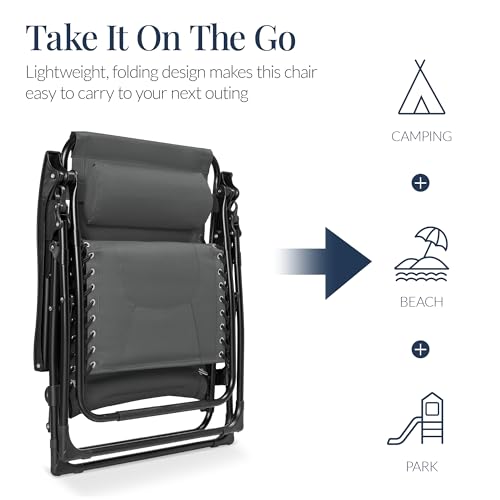 Best Choice Products Oversized Padded Zero Gravity Chair, Folding Outdoor Patio Recliner, XL Anti Gravity Lounger for Backyard w/Headrest, Cup Holder, Side Tray, Polyester Mesh - Gray - color: Grey