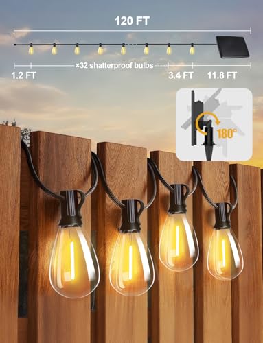 Tenmiro 120FT Solar Outdoor String Lights with Remote and 32+2 LED Shatterproof Bulbs Dimmable & Timing 3 Light Modes Solar Patio String Lights for Cafe, Garden, Deck, Outside Wedding Last for 10+Hrs - size: Solar 120FT