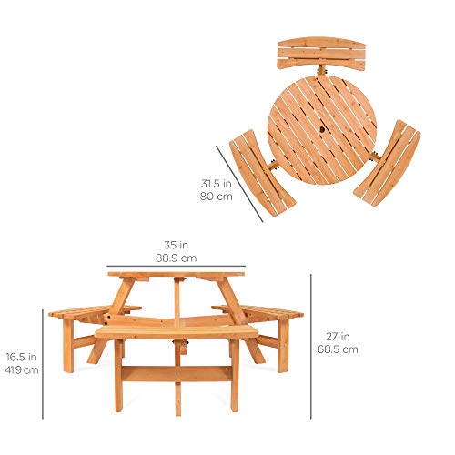 Best Choice Products 6-Person Circular Outdoor Wooden Picnic Table for Patio, Backyard, Garden, DIY w/ 3 Built-in Benches, 500lb Capacity - Natural - color: Natural