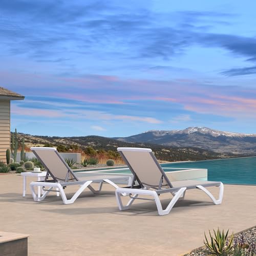 PURPLE LEAF Patio Chaise Lounge Chair Set of 3 Outside Aluminum Plastic Stackable Tanning Chairs for Pool Sunbathing Beach Deck Outdoor Lounger, Khaki - color: Khaki, style: 2 chairs + 1 table