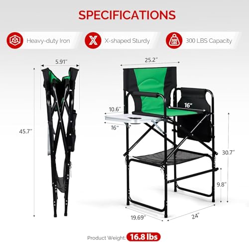 mefeir 31" Extra Tall Director Chair w/Side Table, Heavy-Duty Steel Frame Portable Folding Bar Stool w/Storage Pockets, for Makeup Artist, Salon, Studio, Camping, 300 lbs Capacity (Green) - color: Black/Olive Green, size: 31in