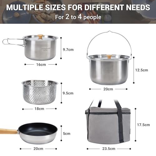KingCamp Camping Cookware Set 304 Stainless Steel Campfire Cooking Pots Pan and Kettle with Travel Tote Bag for Camping Outdoor Kitchen Cooking Picnic for 4-6 - color: SILVER - 4-6 PERSON COOKWARE SET