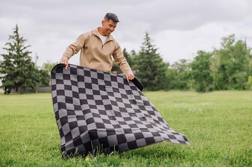 Picnic TIME Outdoor Picnic Blanket Tote, 59"x51" Foldable Beach & Camping Blanket with Soft Fleece, Water-Resistant Bottom, Adjustable Strap & Zippered Pocket (Black Checkers) - color: Black Checkers