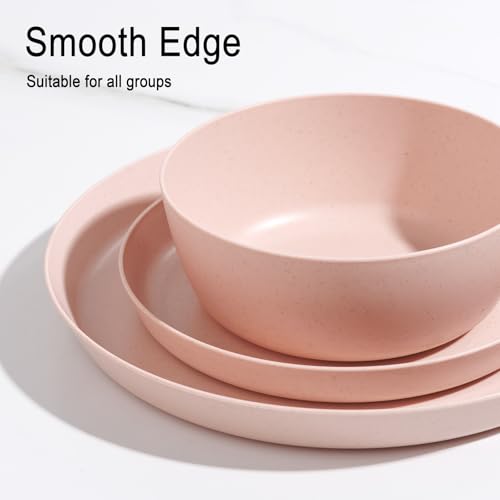 EI 12pcs Pink Wheat Straw Plates,Wheat Straw Dinnerware Set for 4,Plates and Bowls Sets,Plastic Plate Reusable,Unbreakable Plastic Plate Melamine,Camping Family Dishes Set - color: Pink Wheat Straw Plates and Bowls