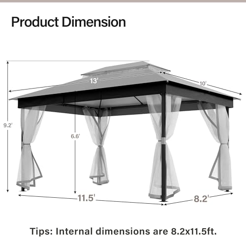 LAUSAINT HOME 10'x13' Outdoor Patio Gazebo with Mosquito Netting, Double Roof Outdoor Gazebo Pavilion Shelter for Backyard, Garden, Lawn, Wedding (Grey) - color: Gray, size: 10'x13' - w/o curtains