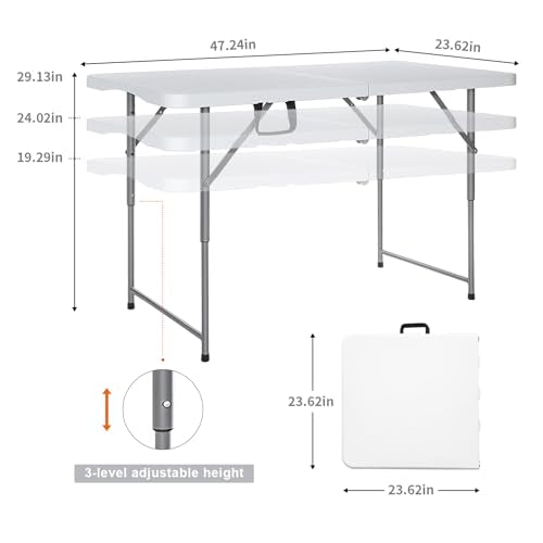 Lakhow Folding Table 4 Foot Portable Heavy Duty Plastic Fold-in-Half Utility Table with Carrying Handle,Indoor Outdoor Small Adjustable Height Folding,Camping and Party,White - color: 4ft-white