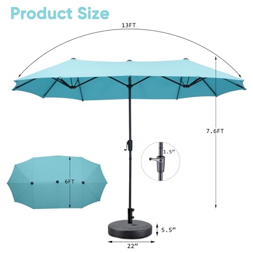 13Ft Large Patio Umbrella with Base Outdoor Double-Sided Market Extra Large Table Umbrella Easy Crank for Yard, Poolside, Deck-Blue - color: Blue, size: 13FT Umbrella+Base