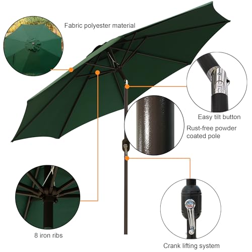 Blissun 9' Outdoor Patio Umbrella, Outdoor Table Umbrella, Yard Umbrella, Market Umbrella with 8 Sturdy Ribs, Push Button Tilt and Crank - color: Dark Green
