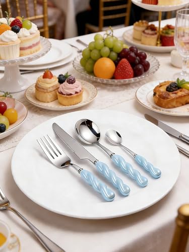 Stainless Steel Flatware Set, 4-Piece Heavy Duty Cutlery Set with Dinner Knife, Fork & Spoons, Tableware Gift for Daily Use Wedding Housewarming Baby Shower Valentine's Day Present (Blue) - color: Blue