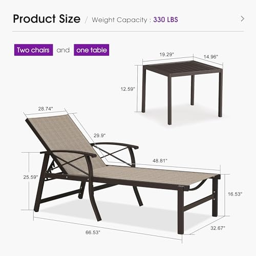 PURPLE LEAF Outdoor Oversized Chaise Lounge Chair Set of 3 Patio Pool Lounger Aluminum Chairs with Side Table and Wheels Adjustable Tanning Recliner with Armrests for Outside Backyard Beach, Khaki - color: Khaki, size: Oversized Upgrade