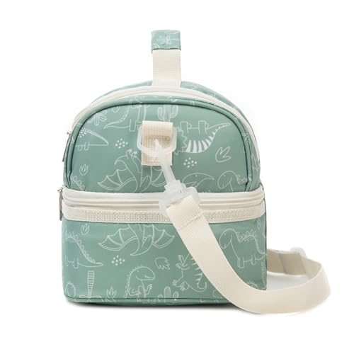 Insulated Kids Dual Compartment Lunch Bags Tote for Girls Boys Toddler Lunch Boxes Pre-School Toddler Kindergarten Picnic Camp Food Cooler Thermal with Strap - color: Green Dinos