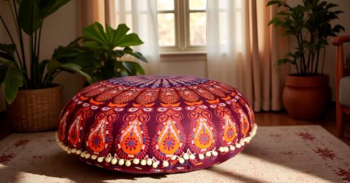 CRAFT KALA 32 Inch Meditation Floor Pillows Cover Round Pillow Cover Seating Hippie Decorative Bohemian Mandala Floor Cushion Cover Outdoor Yoga Living Room Throw Ottoman Poufs Cover (Maroon Mirchi) - color: Maroon Mirchi