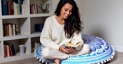 CRAFT KALA Round Mandala Boho Pillow Cover Meditation India Room Seating Poufs Cover for Living Room Yoga Room Home Décor Bedroom Balcony Garden Decoration Cotton Floor Cushion Cover (22", Blue Ombre) - color: Blue Ombre, size: 22"