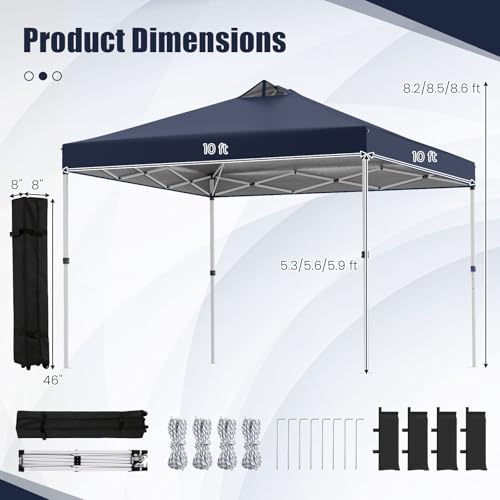 Tangkula 10 x10 Ft Pop Up Canopy with Center Lock, UPF 50+ One-Button Setup Outdoor Canopy Tent with Roller Bag, 4 Sand Bags, Heavy-Duty Steel Frame, 8 Stakes, 4 Ropes for Camping, Picnic - color: Blue